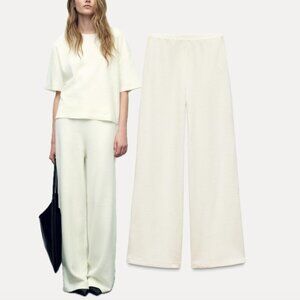ZARA Cozy Soft Feel Ribbed Cotton-Blend Wide Leg Pants (Ecru/Off White)